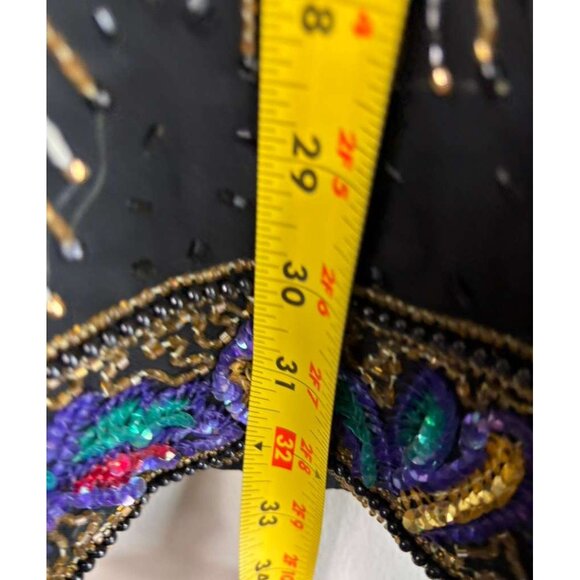Vintage 80s Lawrence Kazar Womens Black Silk Beaded Sequin Tassel Jacket Size XL - Picture 13 of 16